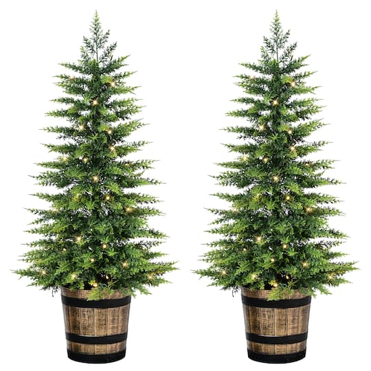 Puleo International 3.5ft. Pre-Lit Battery-Operated Artificial Christmas Trees with Whiskey Barrel Base, Warm White LED Lights, 2ct.